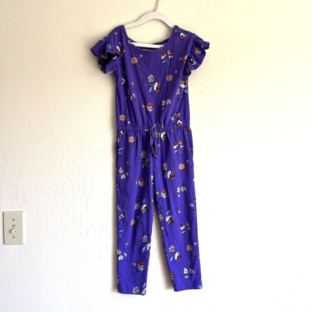 Tea Collection Girls Jumpsuit Size 5 Purple Floral 100% Cotton Ruffle Sleeve